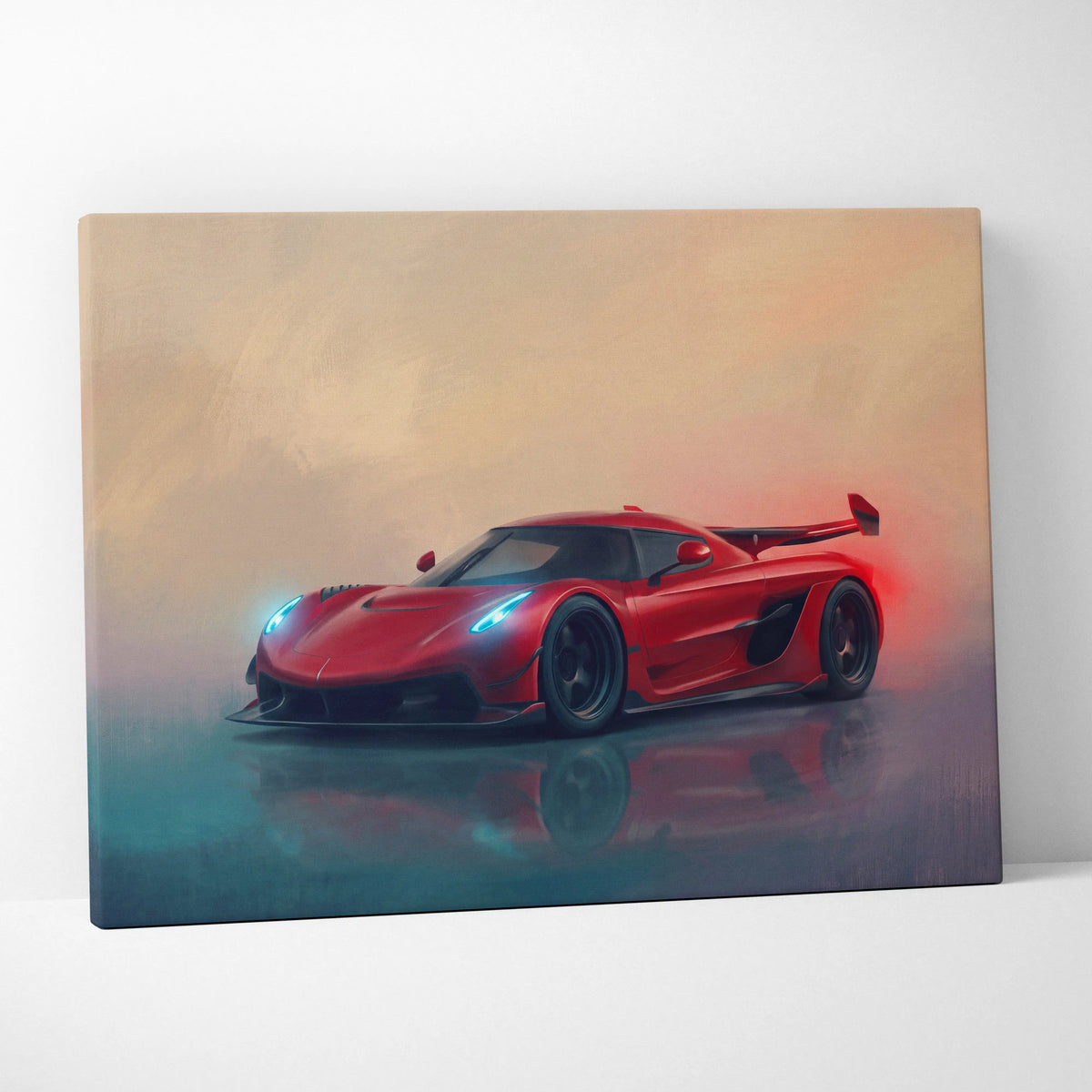 Vibrant red koenigsegg jesko attack inspired hypercar stylized painting on luxury canvas automotive wall art