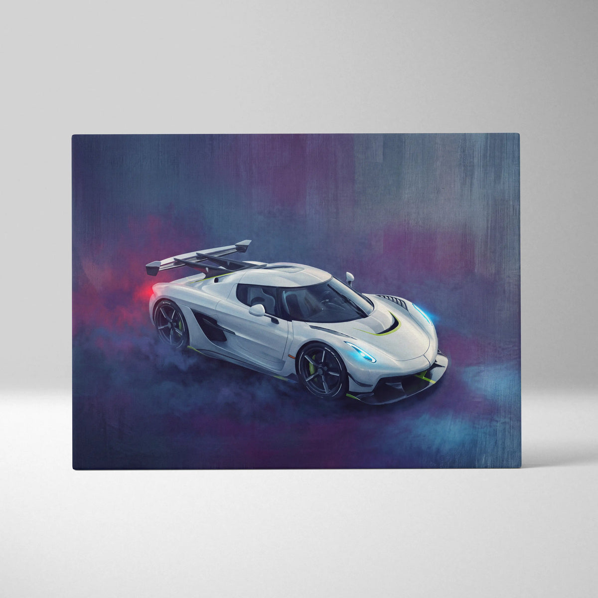 White koenigsegg jesko attack inspired supercar canvas art with glowing blue accents and prominent rear wing back view