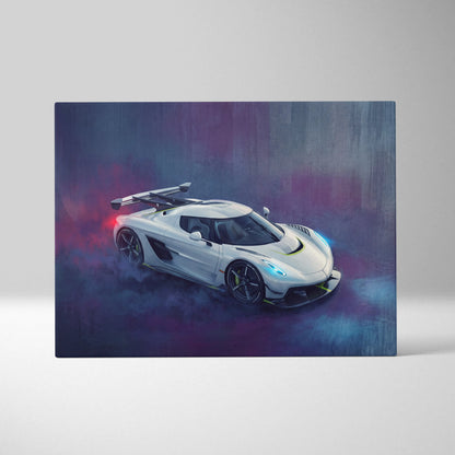 White koenigsegg jesko attack inspired supercar canvas art with glowing blue accents and prominent rear wing back view