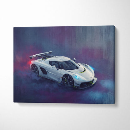 White koenigsegg jesko attack inspired supercar canvas art featuring a stylized painting with glowing blue and red accents