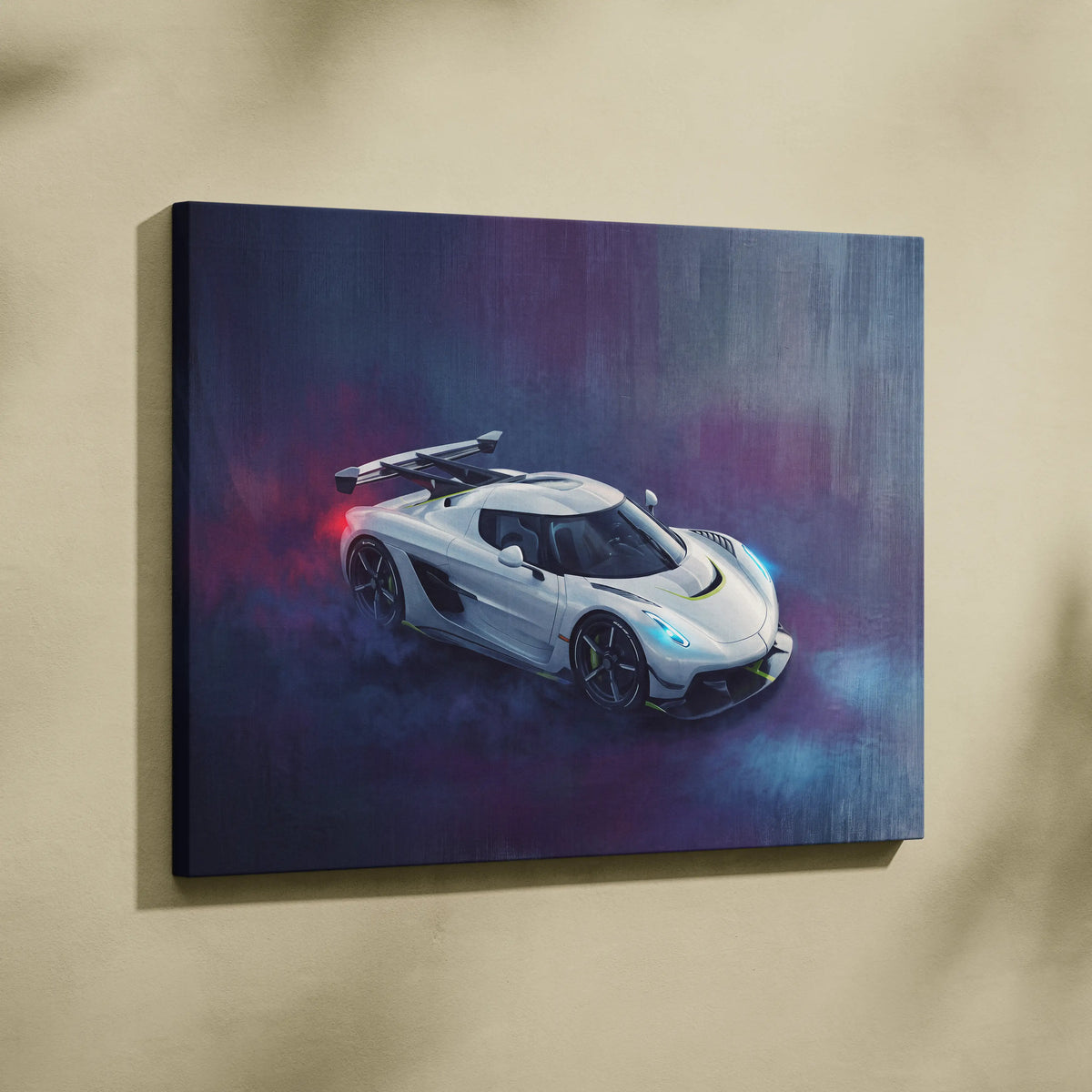 White Koenigsegg Jesko Attack inspired hypercar canvas art with glowing blue and red accents on smoky purple background