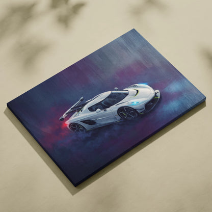 White koenigsegg jesko attack inspired supercar canvas art print with dynamic purple and blue background on stretched canvas