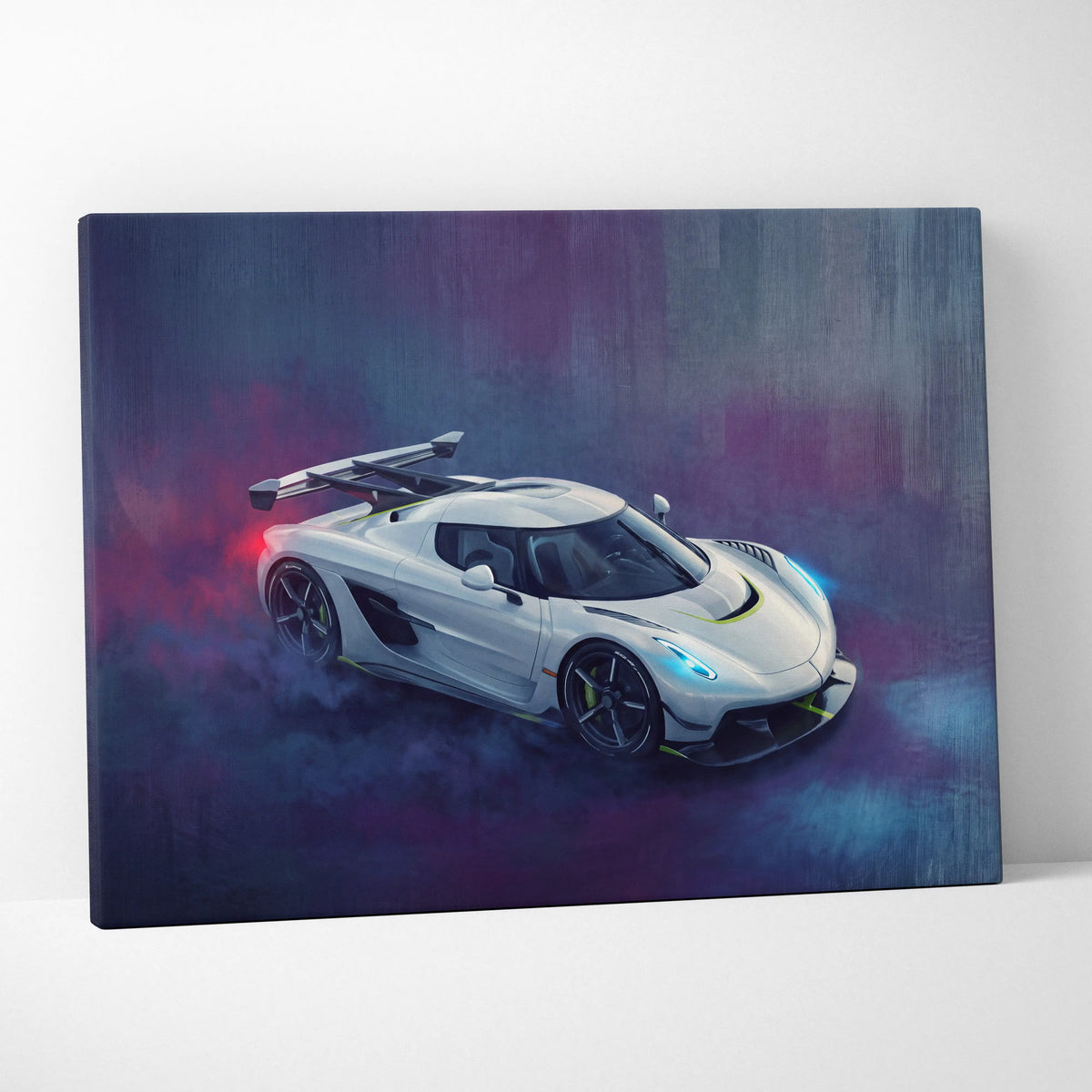 White koenigsegg jesko attack inspired supercar canvas art with glowing blue headlights and purple smoke effects
