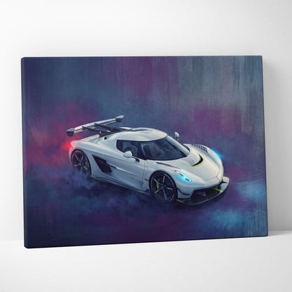 White koenigsegg jesko attack inspired supercar canvas art with glowing blue headlights and purple smoke effects