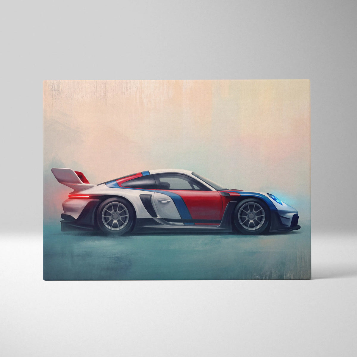 Porsche 911 GT3 RS inspired supercar canvas art featuring a vibrant red white and blue racing sports car side profile