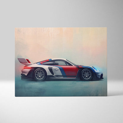 Porsche 911 GT3 RS inspired supercar canvas art featuring a vibrant red white and blue racing sports car side profile