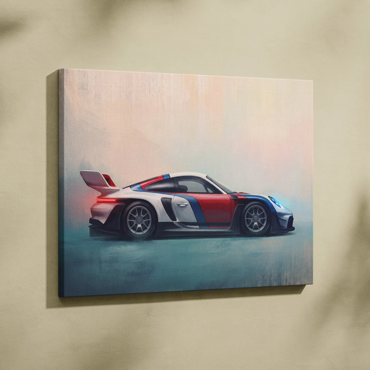 A vibrant canvas print of a red white and blue porsche 911 gt3 rs inspired race car with aerodynamic design