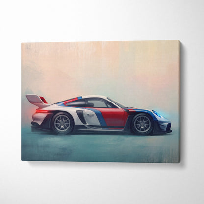 A vibrant canvas print of a red white and blue porsche 911 gt3 rs side profile with aerodynamic details wall art