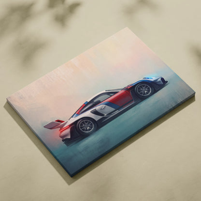 A vibrant digital canvas print of a futuristic Porsche 911 GT3 RS inspired supercar with white red and blue accents