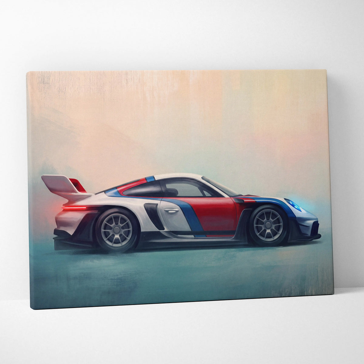 A vibrant side-profile painting of a race-ready Porsche 911 GT3 on canvas for custom car wall art print