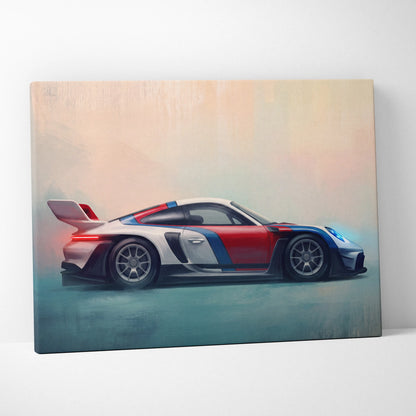 A vibrant side-profile painting of a race-ready Porsche 911 GT3 on canvas for custom car wall art print