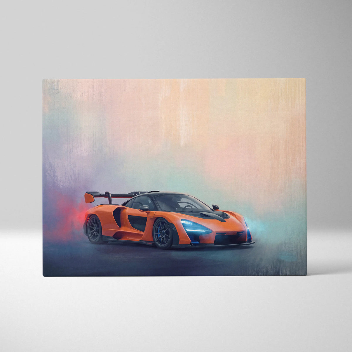 Vibrant orange McLaren Senna inspired canvas art featuring a dynamic smoky sports car for premium wall decor