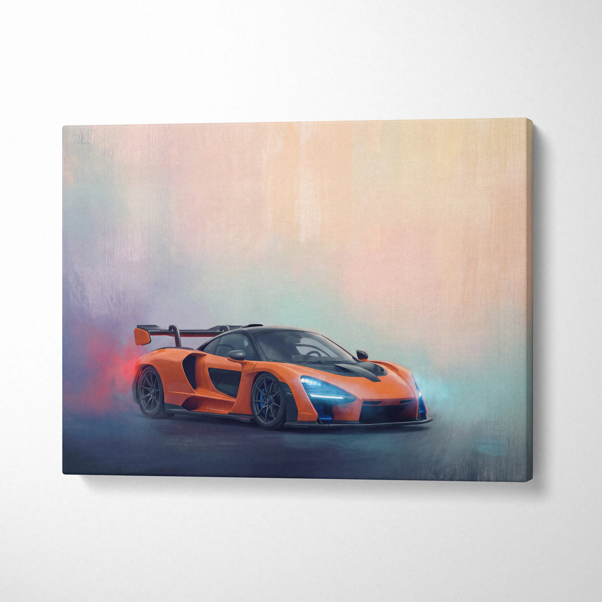 Orange mclaren senna sports car canvas art with black accents and glowing blue headlights premium wall decor