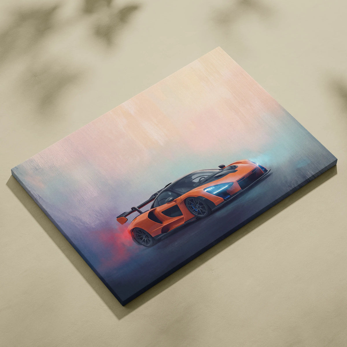 Mclaren senna inspired canvas art featuring an orange and black sports car on a smoky gradient background
