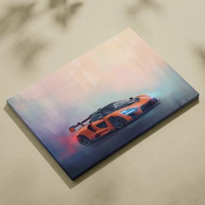 Mclaren senna inspired canvas art featuring an orange and black sports car on a smoky gradient background