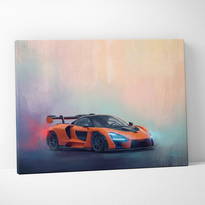 McLaren Senna inspired canvas art featuring vibrant orange sports car in dynamic painterly style premium wall decor
