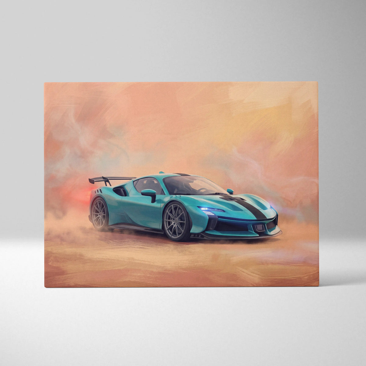 Vibrant teal Ferrari SF90 XX Stradale inspired sports car wall art with black racing stripes on canvas print track edition
