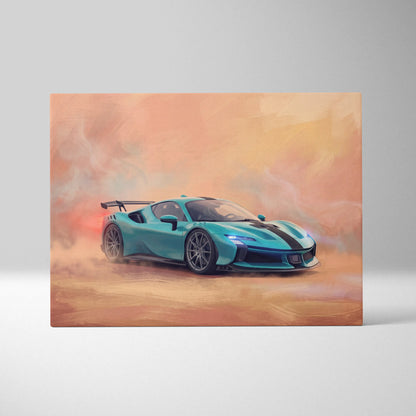 Vibrant teal Ferrari SF90 XX Stradale inspired sports car wall art with black racing stripes on canvas print track edition