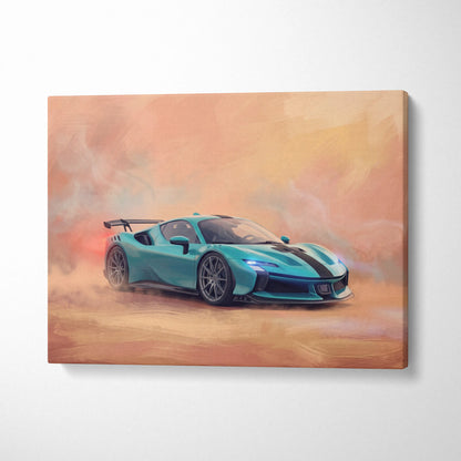 Teal and black Ferrari SF90 XX Stradale inspired canvas print with dynamic dust cloud background for wall art