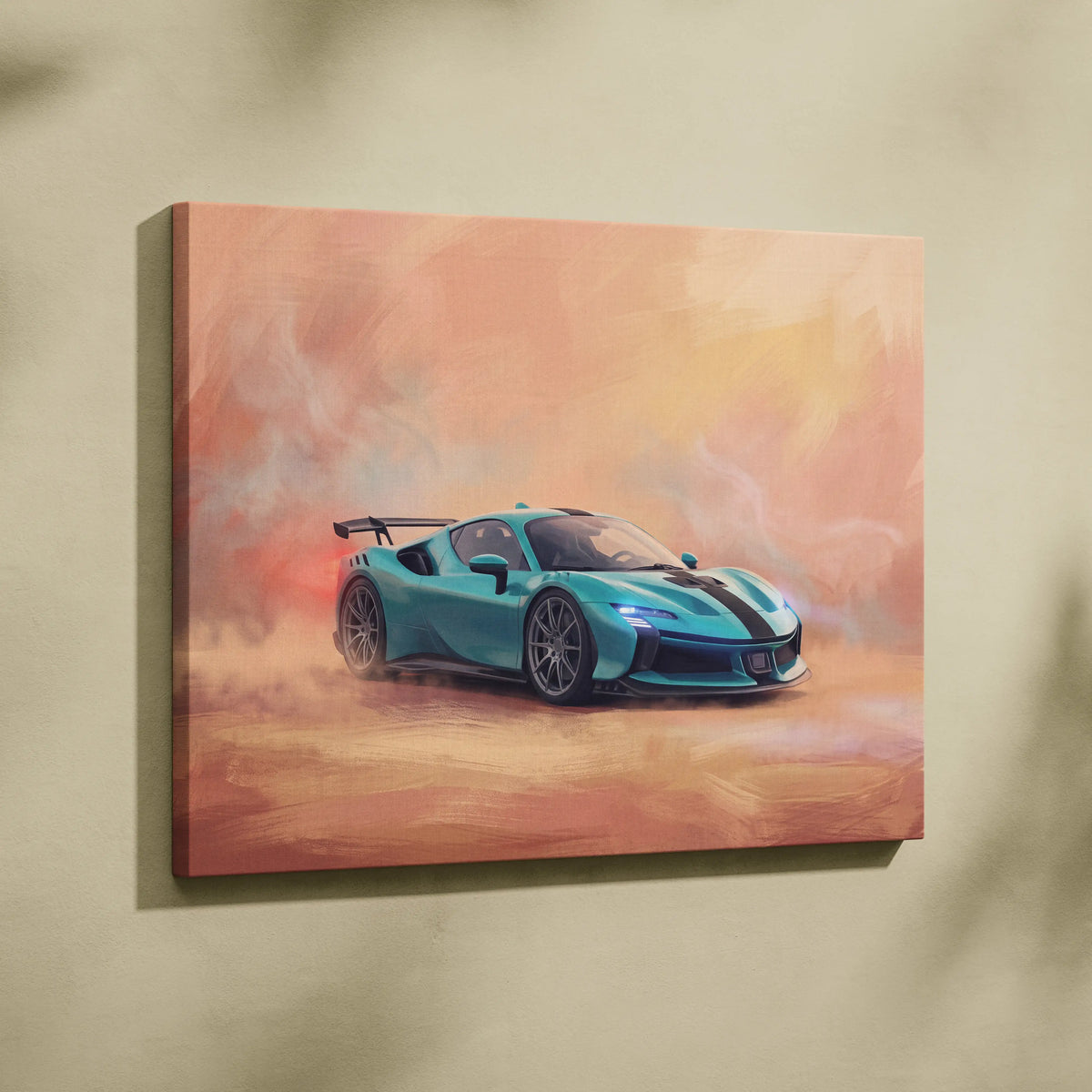 Teal and black racing sports car on canvas painting print inspired by ferrari sf90 xx stradale track edition wall art