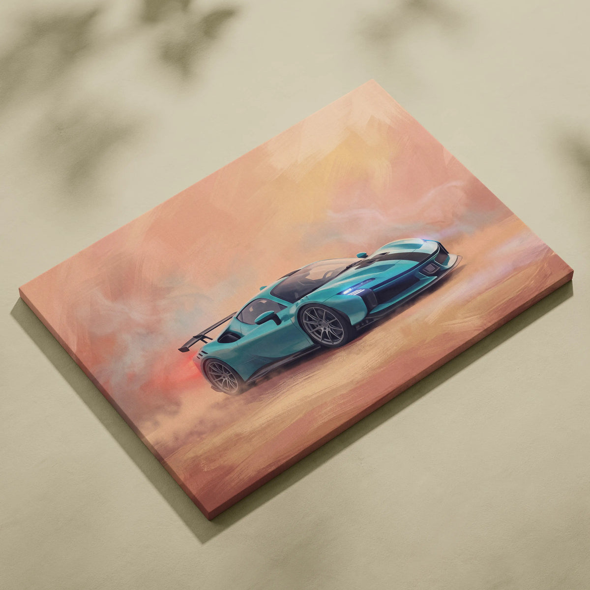 A vibrant teal ferrari sf90 xx stradale inspired sports car painted on a rectangular canvas for wall art track edition