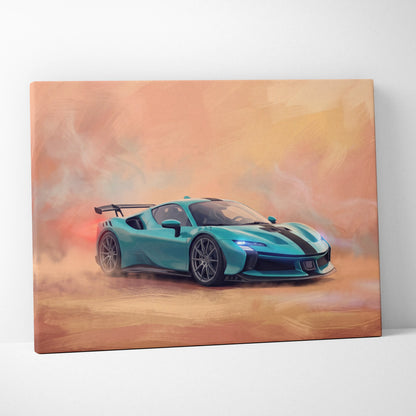 A vibrant turquoise Ferrari SF90 XX Stradale inspired canvas painting featuring black racing stripes and aerodynamic design