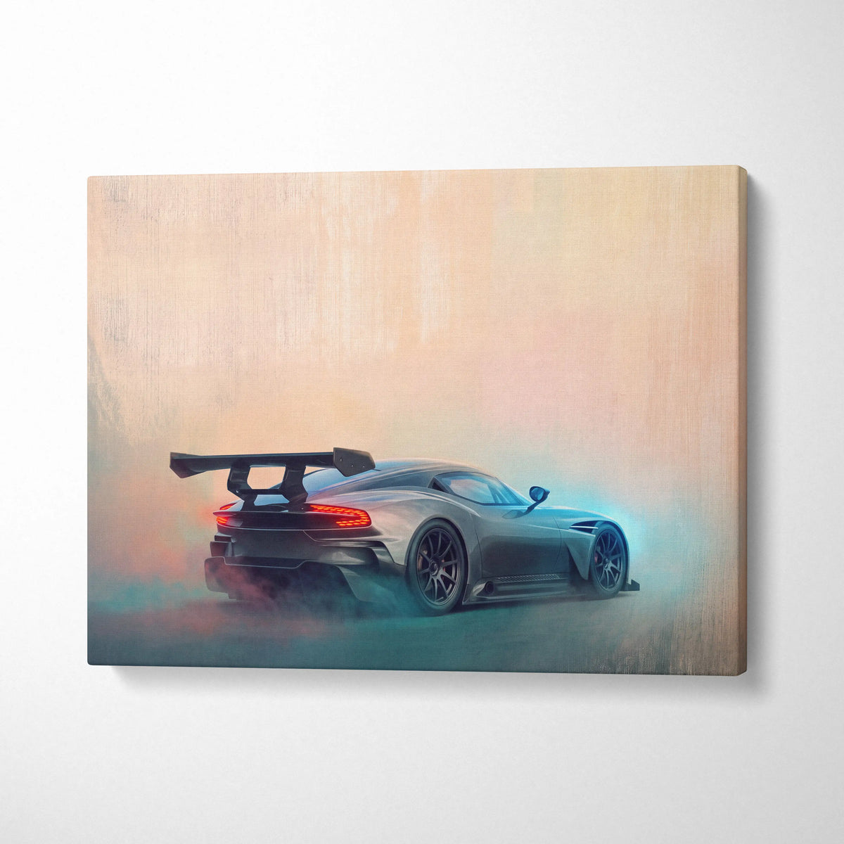 Aston Martin Vulcan inspired matte black sports car wall art showing the rear with spoiler and glowing taillights on canvas