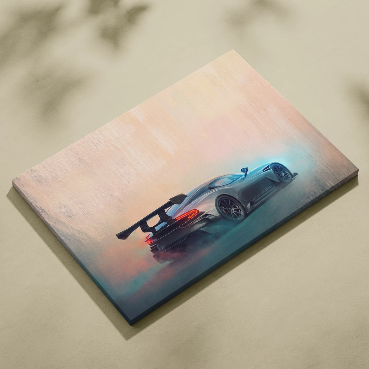 A sleek matte-finish canvas print featuring a silver futuristic sports car with glowing red taillights and blue lighting