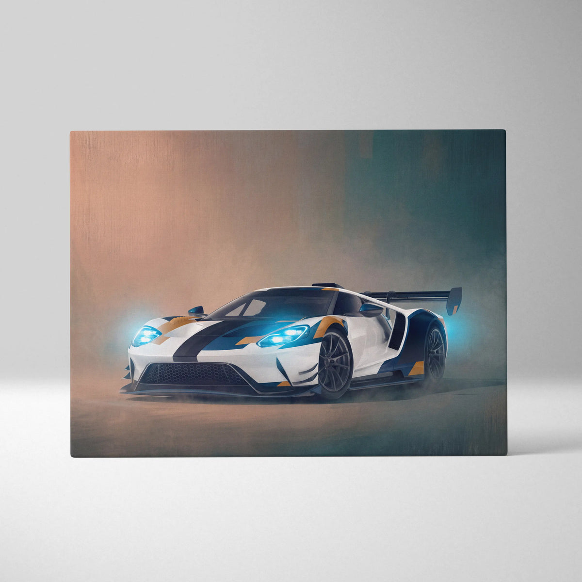 Ford GT inspired supercar canvas art featuring a white and black racing car with orange accents for custom wall decor
