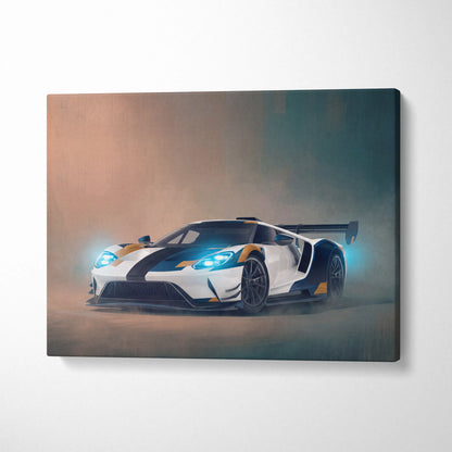 Ford GT inspired supercar canvas art featuring white and black racing car with orange accents for custom wall decor