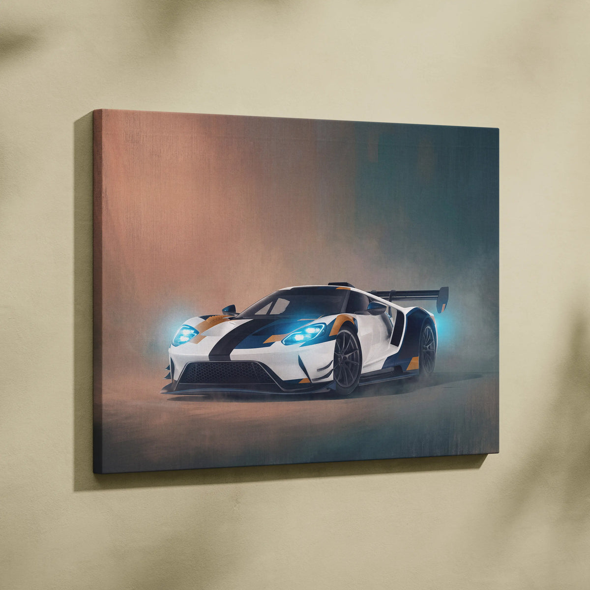 Ford GT inspired supercar canvas art featuring a white black and orange racing car wall hanging print