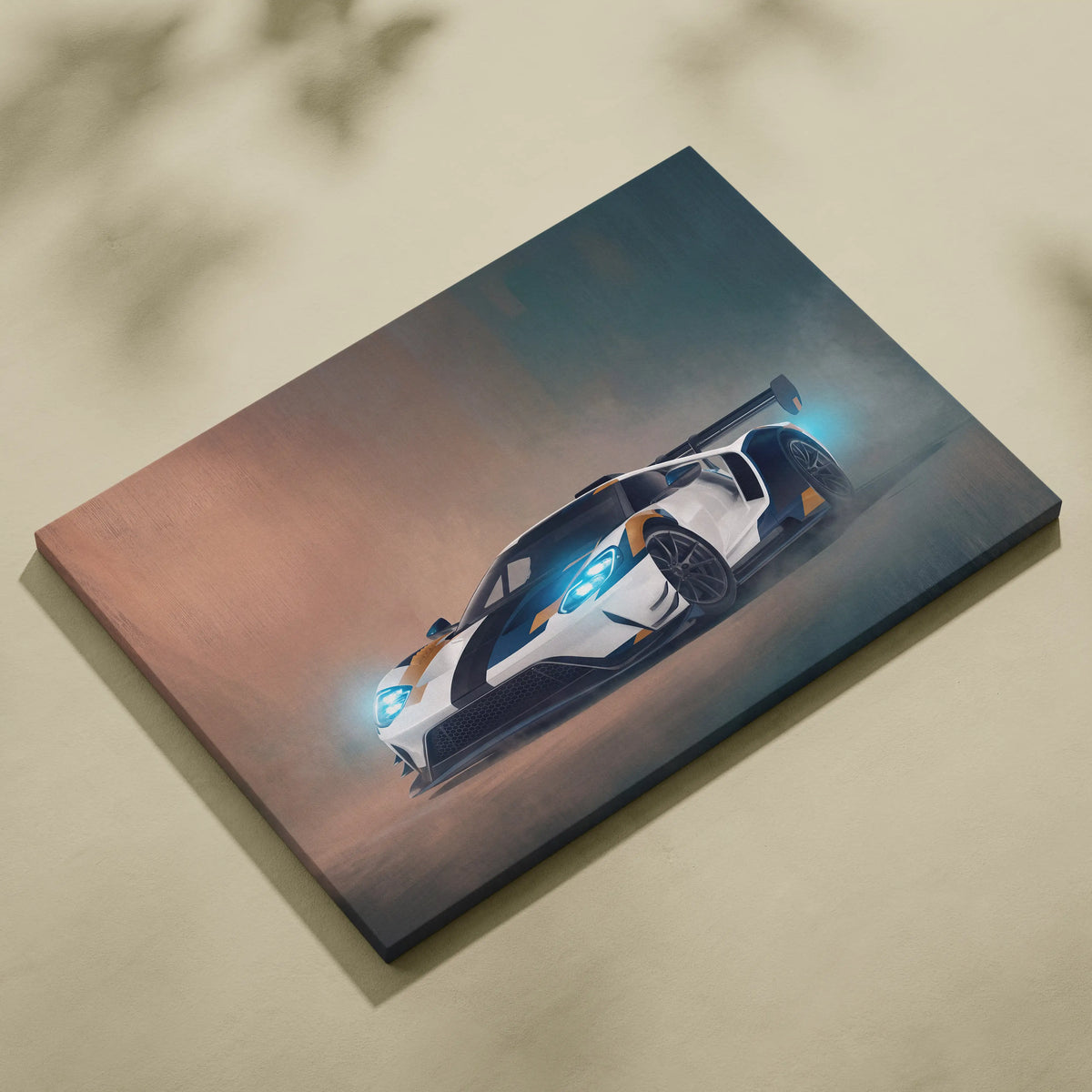 Ford GT inspired supercar canvas art print featuring white and black racing car with glowing blue headlights
