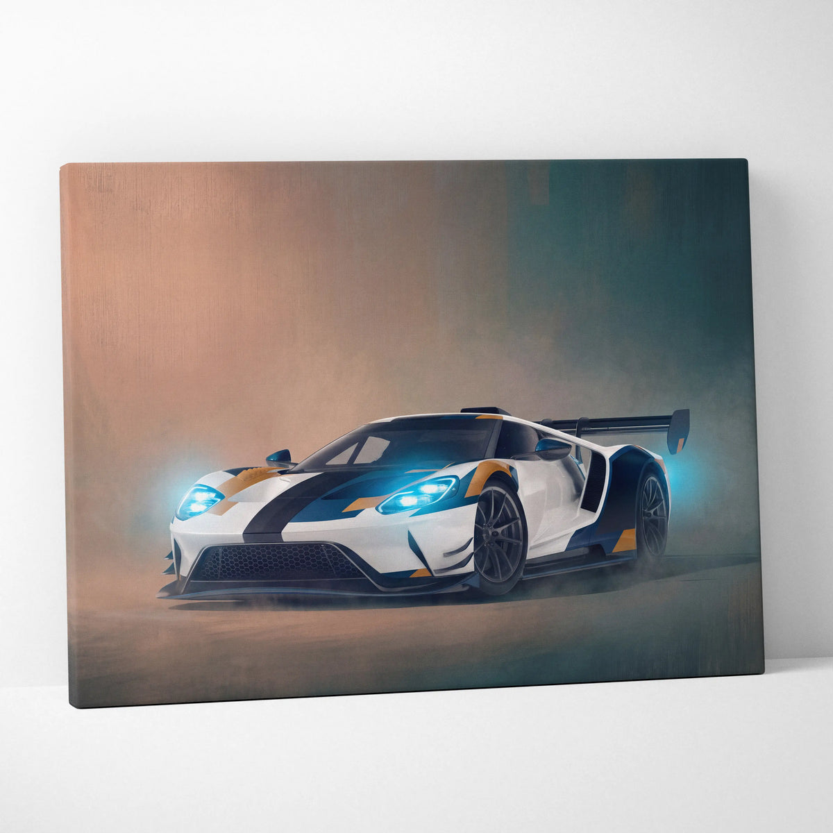 Ford GT inspired supercar canvas art print featuring a white and blue racing car with orange accents on canvas