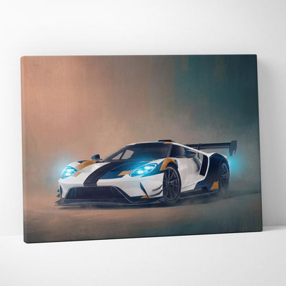Ford GT inspired supercar canvas art print featuring a white and blue racing car with orange accents on canvas