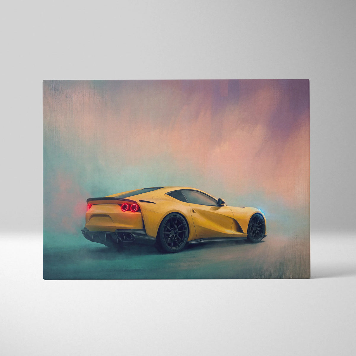 Vibrant yellow ferrari 812 superfast canvas art featuring glowing red taillights and sleek black wheels for wall decor