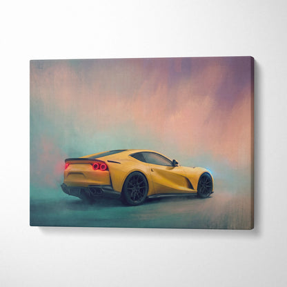 Vibrant yellow ferrari 812 superfast sports car in dynamic smoky artistic rendering on premium canvas wall decor