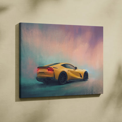 Yellow Ferrari 812 Superfast inspired canvas art featuring a sleek sports car with glowing red taillights and black rims