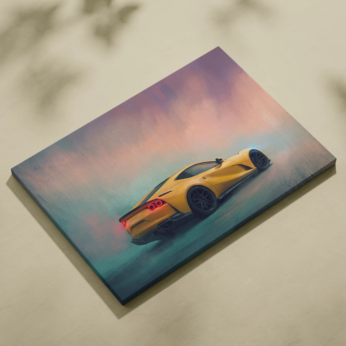 Yellow Ferrari 812 Superfast inspired canvas art with glowing red taillights and black wheels on a dreamy gradient sky background