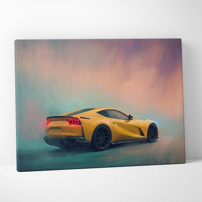 Vibrant yellow ferrari 812 superfast inspired canvas art in dynamic painterly style premium automotive wall decor