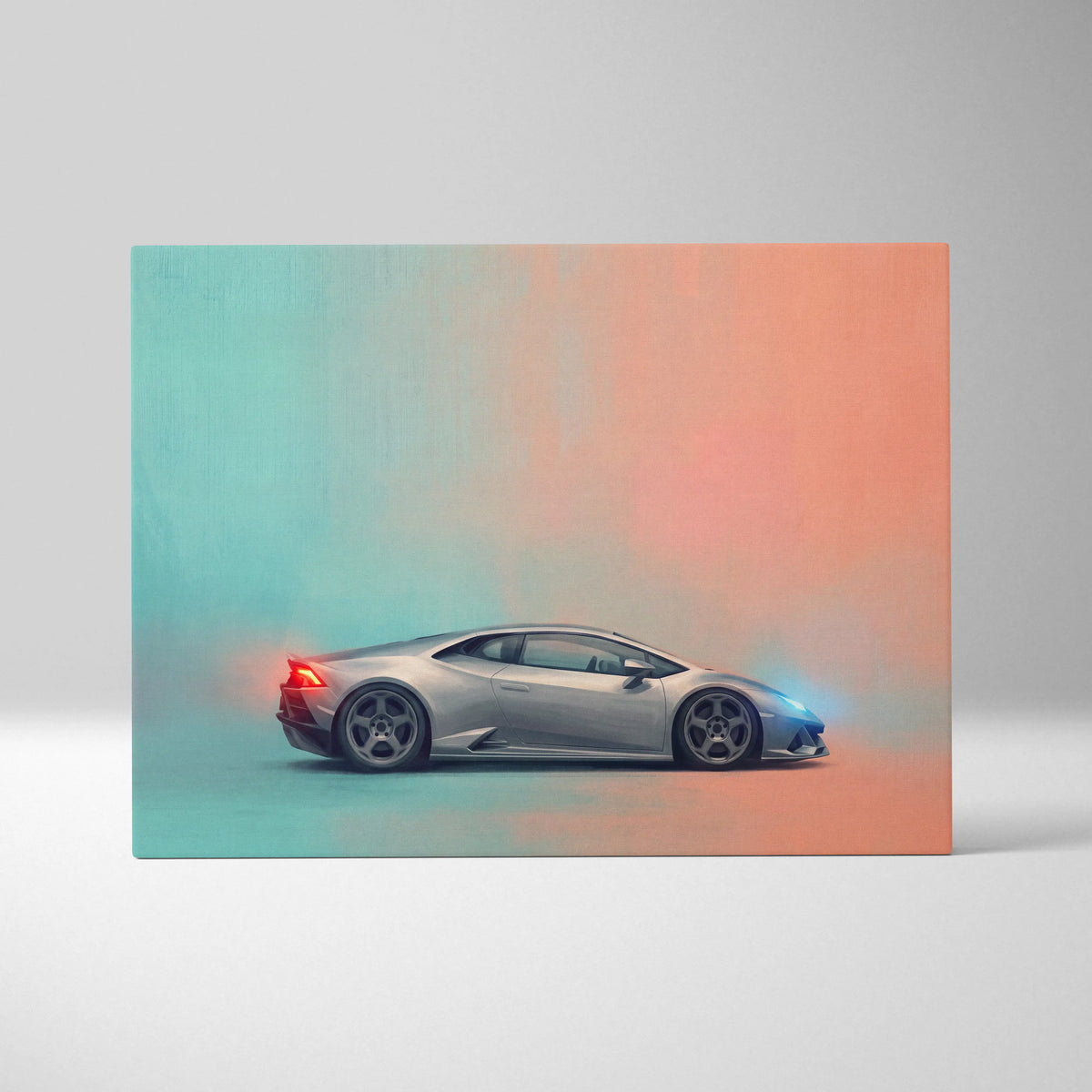 Silver Lamborghini Huracán inspired automotive wall art featuring glowing neon accents on teal and orange canvas print