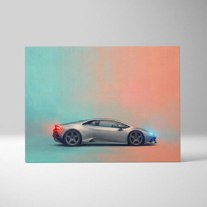 Silver Lamborghini Huracán inspired automotive wall art featuring glowing neon accents on teal and orange canvas print