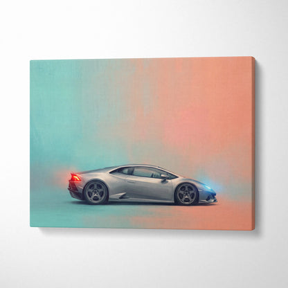 Silver Lamborghini Huracán canvas print featuring sleek design with gradient teal and peach background lighting