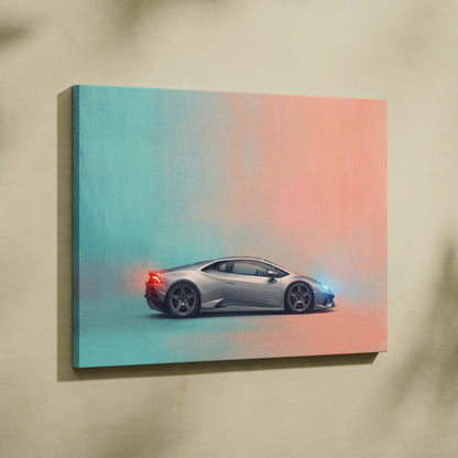 Silver Lamborghini Huracán sports car canvas print with teal and pink gradient background for luxury automotive wall art