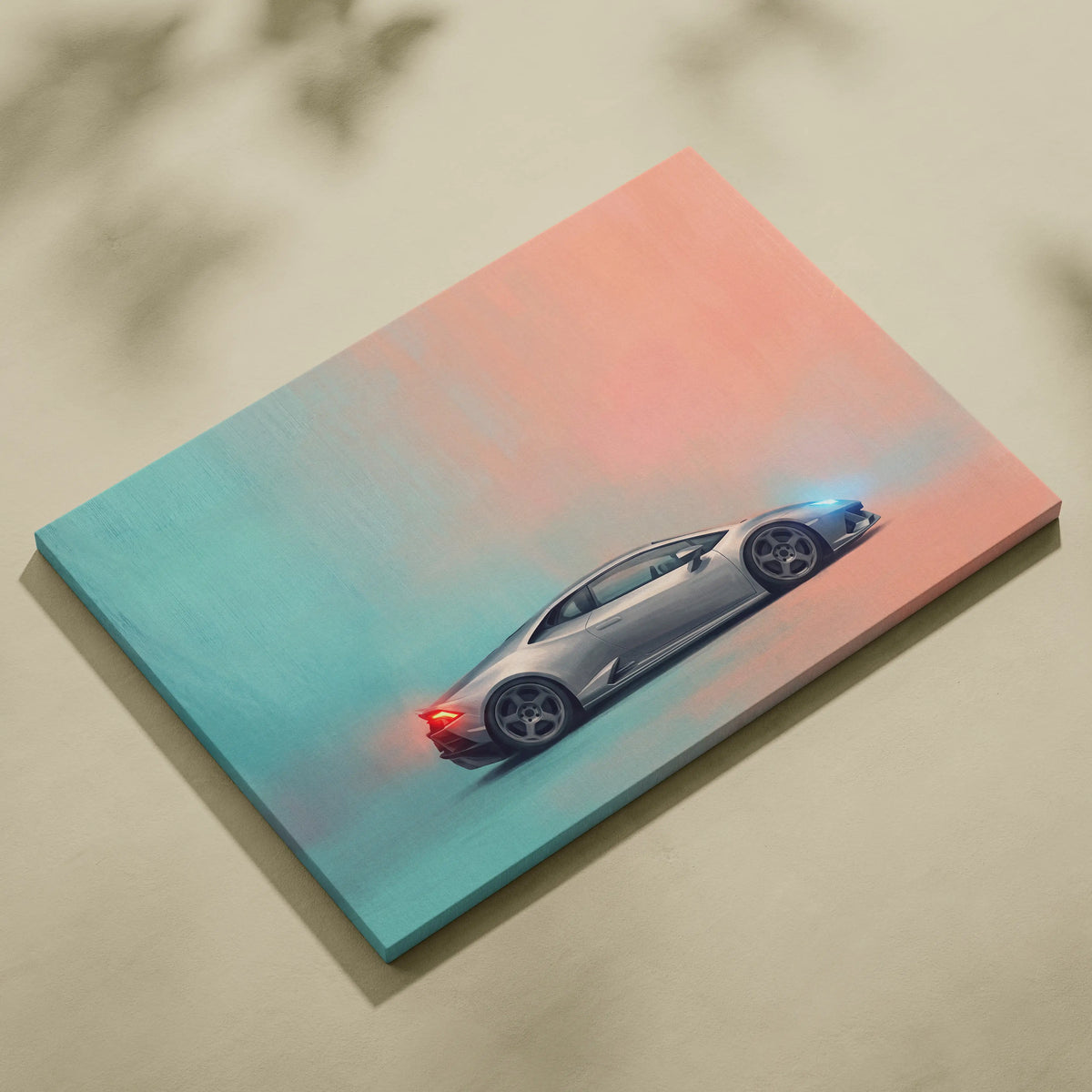 Silver Lamborghini Huracán sports car illustration on canvas with gradient teal and pink background luxury wall art print