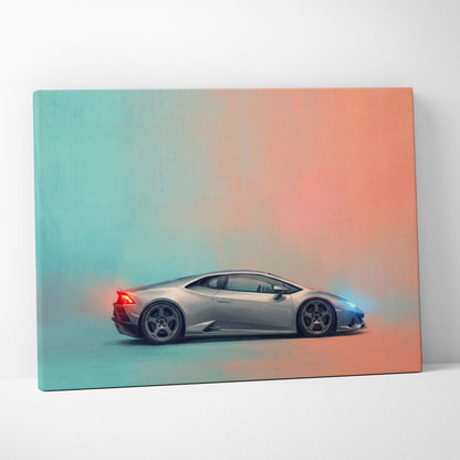 Silver lamborghini huracán luxury supercar canvas print with neon red and blue lighting on teal to orange background