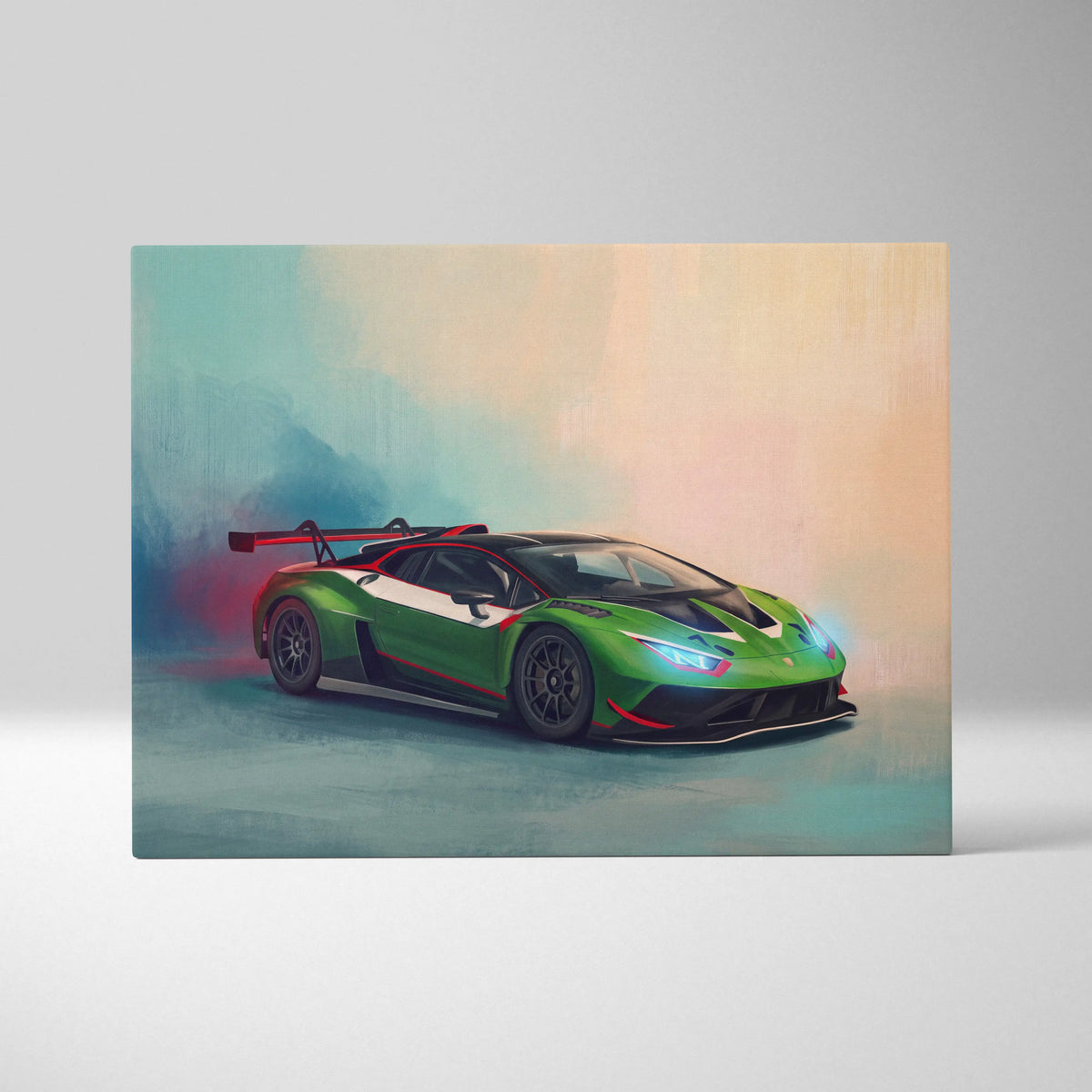Lamborghini huracán sto gt3 inspired canvas painting print featuring vibrant green black and red race car artwork