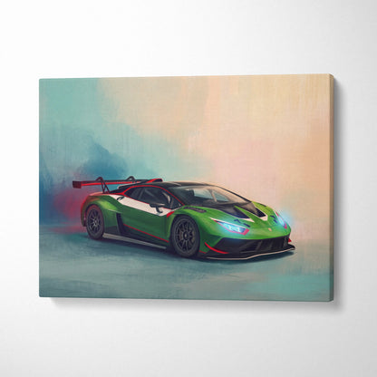 Lamborghini Huracán STO GT3 inspired car wall art featuring vibrant green and black race car with red accents on canvas print