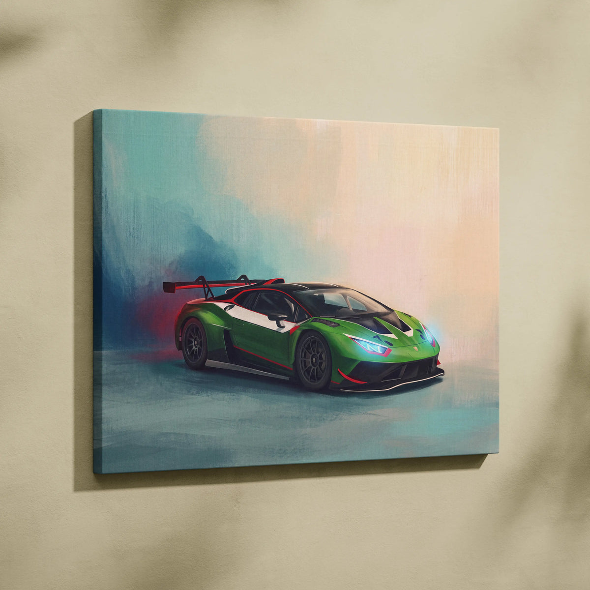 Lamborghini Huracán STO GT3 inspired canvas print featuring green white race car with red accents track edition wall art