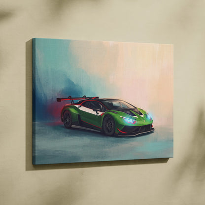 Lamborghini Huracán STO GT3 inspired canvas print featuring green white race car with red accents track edition wall art