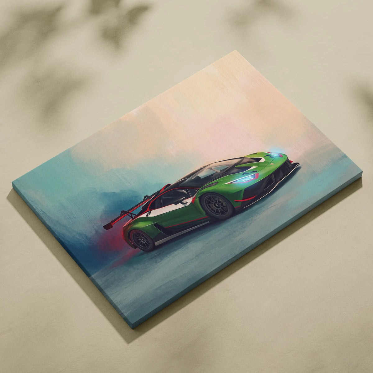 Lamborghini Huracán STO GT3 inspired green and red sports car canvas print for track edition wall art